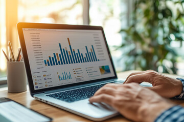 Professionelles Arbeit am Laptop mit Diagrammen Grafiken Finanzanalysen, Strukturiertes Arbeiten zuhause in der Datenanalyse und Projektmanagement, Organisiertes und modernes Arbeiten