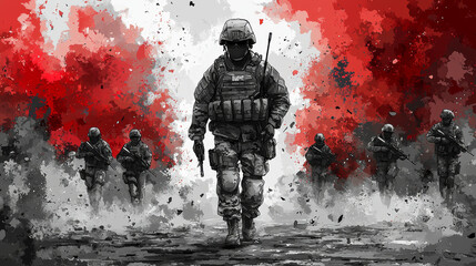 Wall Mural - A group of soldiers move forward in a warzone.