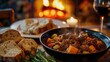 © Warin - A cozy winter dinner with hearty beef stew, fresh bread, and a roaring fireplace in the background