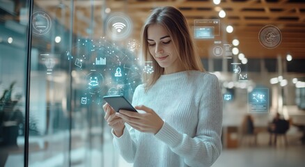 a woman in the office uses a smartphone to interact with various digital symbols and icons. floating