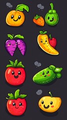 Poster - Cute Cartoon Vegetables and Fruits with Happy Faces.