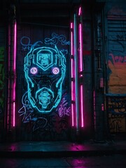 Cyberpunk-inspired neon graffiti glowing on an urban wall, bright and futuristic.