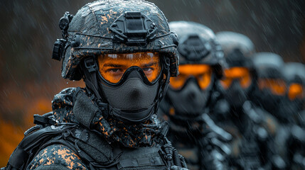 Sticker - A soldier in full gear stares intensely into the camera in the rain.