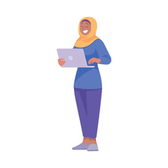 Wall Mural - Muslim Woman Entrepreneur Character Standing with Laptop Vector Illustration