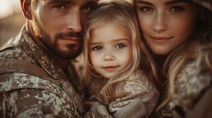 Wall Mural - A young girl smiles as she's held by her parents, a soldier and his wife.