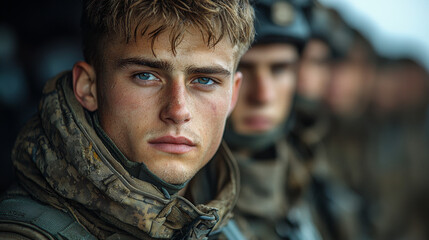 Sticker - Young soldier in camouflage stares intensely.