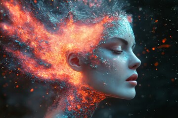 Canvas Print - Neuronal synapse diffusion tensor imaging axonal sprouting kinetic energy and kinetic energy abstract depiction of a woman’s face with fiery neural energy and glowing particles representing thought