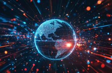 Wall Mural - Digital Globe Surrounded by Glowing Connections Representing Global Connectivity and Data Flow. Dark Background with Blurred Light Streaks Suggests Speed and Motion, Centered Around the Earth.