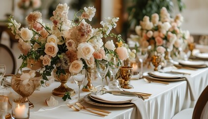 opulent wedding reception table with exquisite floral centerpiece and elegant dining arrangements