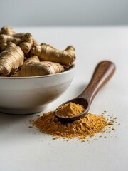 Wall Mural - Fresh ginger and powdered ginger in a bowl on a white backdrop.