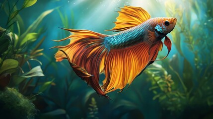 Sticker - Detailed view of a majestic Betta fish with a full display of its colorful fins and dynamic posture, set against a lush underwater plant backdrop.