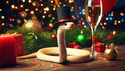 A festive snake wearing a top hat beside a glass of champagne and holiday decorations.