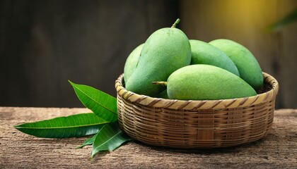 Wall Mural - Green mango and green leaf on basket and old wooden floor background, Group of raw mangoes organic with sour and high vitamin C fruit for healthy.
