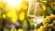 © wacharagorn - Refreshing white wine is poured into a glass, surrounded by lush grapes and golden sunlight, evoking a delightful vineyard atmosphere.