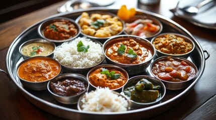 Detailed view of a traditional Indian thali, featuring a variety of small dishes including curries, rice, and pickles, arranged on a metal tray.