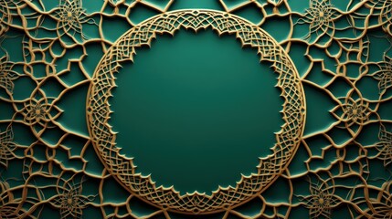 Wall Mural - Golden Intricate Floral Frame on Emerald Green Background. Islamic Background, Muslim, Ramadhan, eid al-fitr, eid al-adha, 