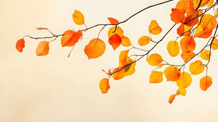 a tranquil scene of orange and yellow leaves gently falling from a tree branch against a light solid