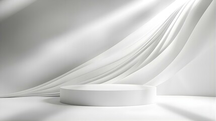 Wall Mural - Minimalist White Product Display with Draped Fabric and Light.