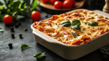 Wall Mural - delicious lasagna noodles in a pan, representing homemade comfort food with space for text a concept banner