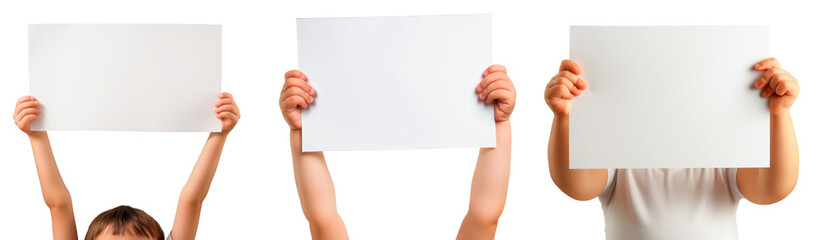 Set of paper in hands on a white or transparent background. Close-up of a children holding a white sheets of paper. Mockup. Protest. Child rights. Creative process. Development.