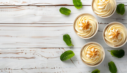 Canvas Print - vanilla puddings on light wooden table background