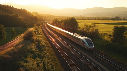 Fototapete - High-definition shot of an electric train passing through a scenic countryside, highlighting the contrast between the train and the natural landscape.