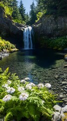 Wall Mural - A panoramic view of a tranquil waterfall flowing into a clear pool, with ferns and wildflowers along the banks, highlighted by warm sunlight