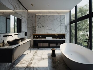 Wall Mural - Minimalist marble bathroom design with elegant fixtures in a bright setting.