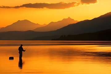 Silhouette of a man fishing at the beach at sunset Fisheman silhouette against the ocean, with sunset over mountain in background.