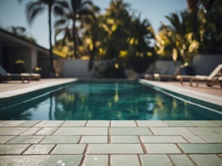 A pool with a green water and a white tile floor.