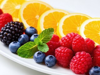 Freshly sliced oranges, blackberries, blueberries, and raspberries arranged on a white platter, showcasing vibrant colors and textures