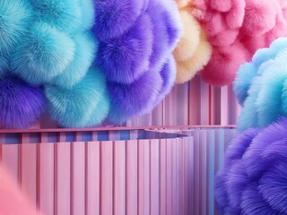 Colorful fluffy textures create an immersive artistic display in a pink and blue setting, showcasing creative craftsmanship and design concepts