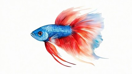 Colorful betta fish with flowing fins on a white background, showcasing vibrant blue and red hues in a unique swimming pose.