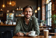 © Elisabeth Cölfen - A cheerful man sitting at a wooden table with a cup of coffee in a stylish cafe. Warm lighting and a casual atmosphere create a welcoming and relaxed environment.