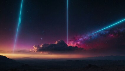 Poster - Neon landscape with beams of light in a cosmic setting.