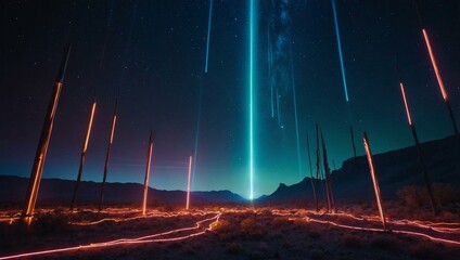 Sticker - Neon landscape with beams of light in a cosmic setting.