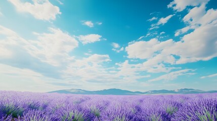 Wall Mural - A vast expanse of lavender fields under a bright blue sky, with delicate purple flowers gently swaying in the breeze