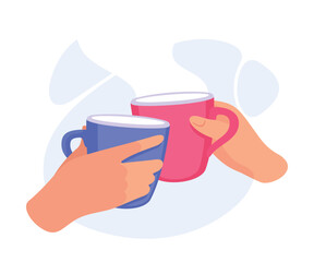 Mug with Tea or Coffee Drink in Hands Clinking Together Vector Illustration