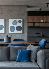 Elegant and Cozy Gray and Blue Living Room with Wooden and Stone Accents