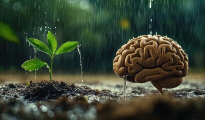 Brain and Plant Growing in the Rain.