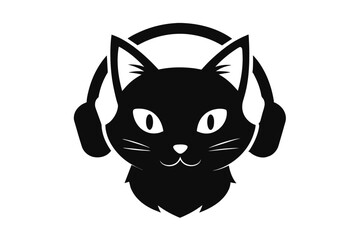 Wall Mural - Cat head wearing headphones silhouette black color  vector art illustration