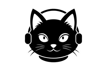 Canvas Print - Cat head wearing headphones silhouette black color  vector art illustration