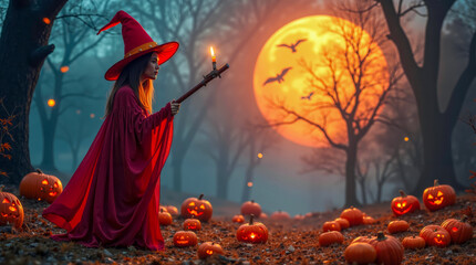 A woman in a red dress and hat holding a wand in a field of pumpkins