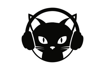 Wall Mural - Cat head wearing headphones silhouette black color  vector art illustration