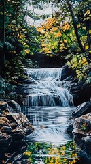 Wall Mural - A tranquil scene of a waterfall surrounded by vibrant foliage, capturing the movement of water in a peaceful setting