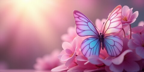 Pink blue butterfly on floral spring background. October breast cancer awareness month, world cancer day. Supporting people living with illness or chronic pain. Design for banner with copy space. 