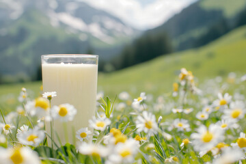 Poster - Table With Natural Milk Background. Organic Cow's Milk. Cows Grazing In Meadow And Mountain Farm Landscape