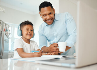 Wall Mural - Dad, boy and laptop for online learning, teaching and education in house with book or headphones. Father, child and technology for school, study and writing with elearning, video call and development