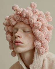 Close-up portrait of a freckled model wearing an avant-garde pink bubble-textured headpiece. A serene and artistic fashion statement combining organic textures with soft pastel tones