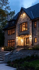 Sticker - Modern Stone Mansion with Illuminated Entrance at Dusk.